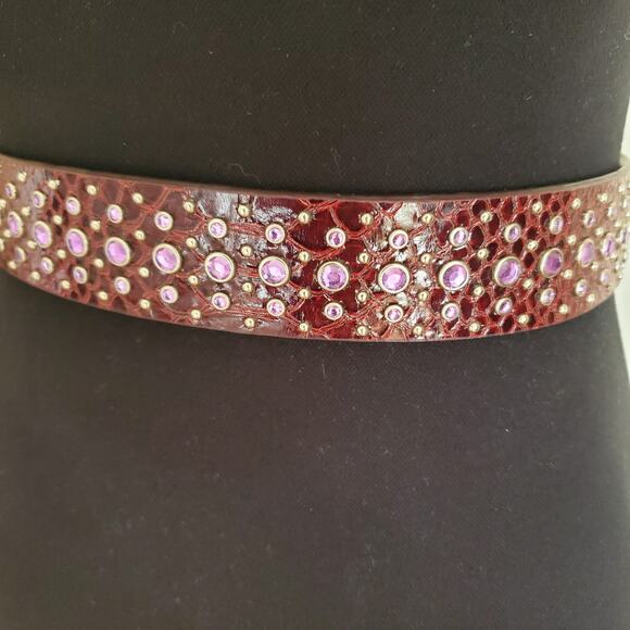 Ariat Burgundy Leather Bling Belt 26 Crystal Reptile Print Tooled Buckle Western - Picture 3 of 11